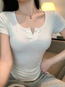 DAZY Women's Spring/Summer Casual Solid Color Fitted T-Shirt - White - View 7