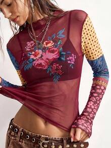 Bohemela Women's Vacation Floral Print Sheer Mesh Long Sleeve Top - Red Violet - View 3