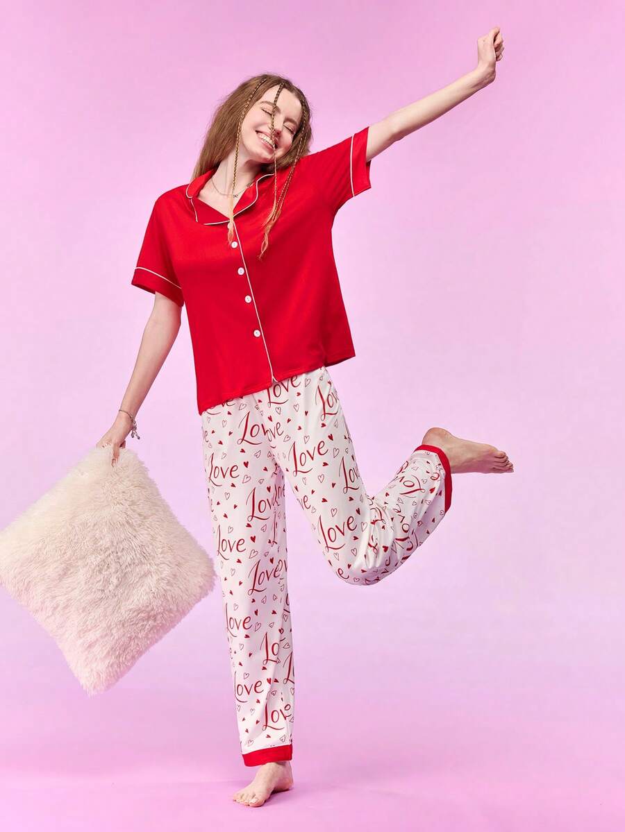 Notgurli Women's Casual, Home Open-Front Short Sleeve Top And Long Pants Set - Red - View 1