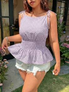 SHEIN EZwear 大尺碼女款燈籠袖荷葉邊格紋前綁帶上衣 - 淡紫色 - 查看 6