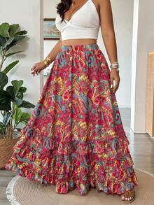 Vionelle Falda con volantes y capas con estampado floral para primavera y verano, talla grande - Multicolor - Ver 1