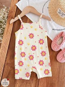 Mameluco con tirantes casual y sencillo con estampado de dibujos animados para bebé niña, adecuado para primavera y verano - Multicolor - Ver 3