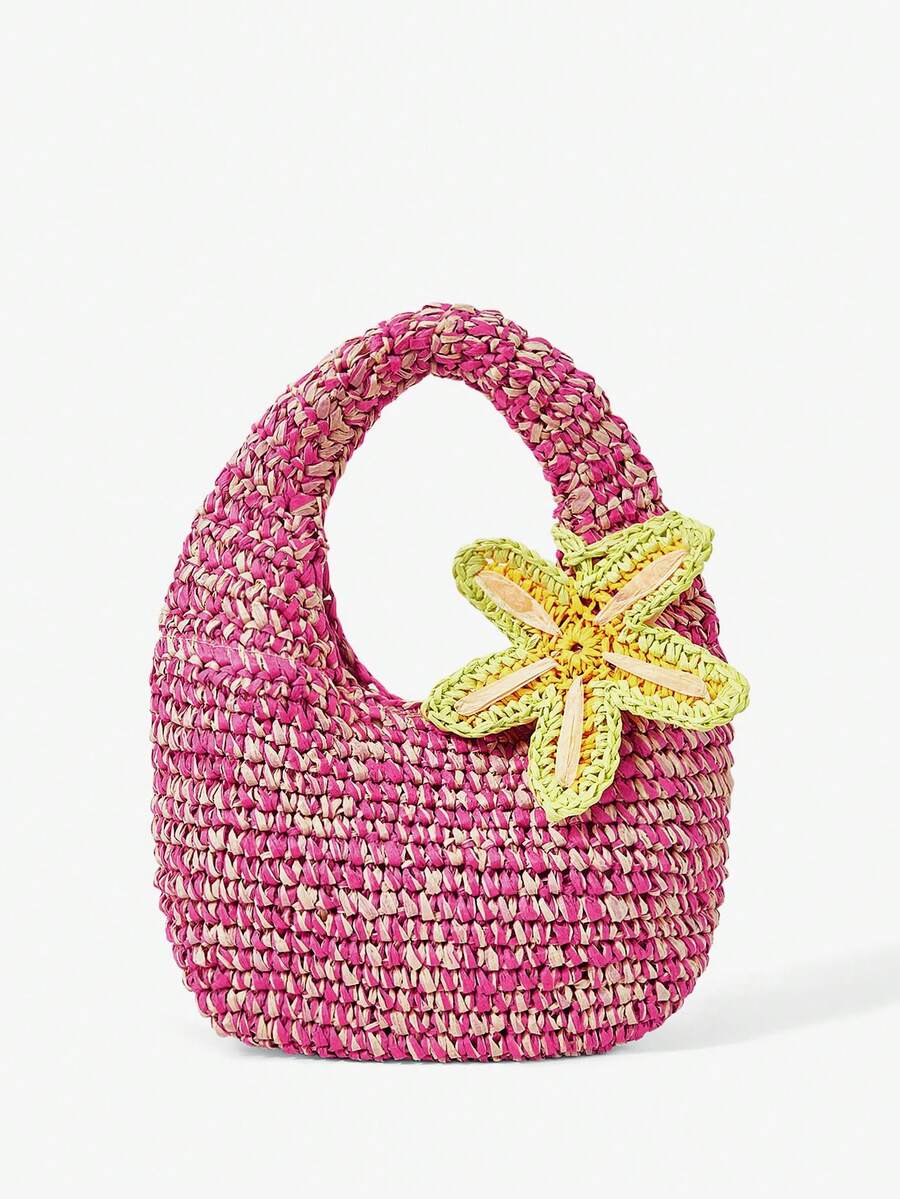 SHECARRY Ladies Fashionable Elegant Simple Two-Color Hand-Woven Straw Woven Flower Decorative Handbag, Summer Seaside Vacation Beach - Hot Pink - View 1