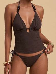 Travachic Women's Solid Color Minimalist Sexy Daily Swimwear Set Beach Party Vacation Chocolate Brown Summer - Brown - View 9