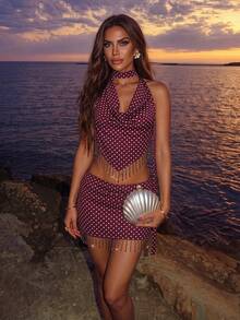 SHEIN Allurite Y2K Retro White Polka Dot Halter Neck Tassel 2-Piece Set, Fitted V-Neck Halter Top And Bodycon Mini Skirt, Party Vacation Outfit Summer - Multicolor - View 3