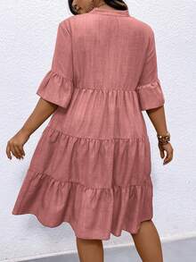 Linhara CURVE Plus Size Women's Button Notch V-Neck Ruffle Hem Dress - Pink - View 2