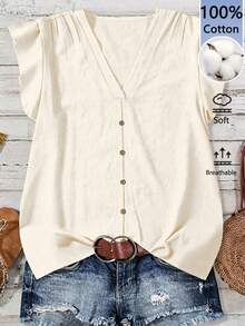 SHEIN LUNE Women's Casual Minimalist Pure Cotton Shirt, Suitable For Summer Wear - Beige - View 1