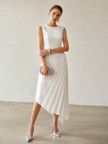 MOTF PREMIUM SPRING/SUMMER ASYMMETRIC HEM PLEATED ELEGANT CUT-OUT DRESS - Beige - View 5