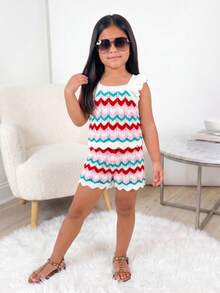 SHEIN 2pcs Young Girl Knitted Striped Colorblock Ruffle Collar Casual Top And Shorts Set - Red - View 5