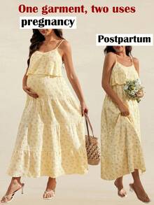 SHEIN Vestido de maternidad con estampado floral, volantes en el bajo y tirantes para lactancia - Amarillo - Ver 1