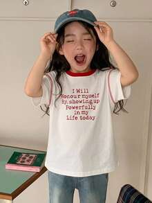 DAZY 圓領套頭對比色字母印花寬鬆可愛少女夏季T恤 - 白色 - 查看 8
