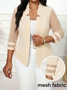 SHEIN Lady Plus Size Elegant Commuter Beige Mesh Spliced Blazer Formal Office Summer - Apricot - View 2