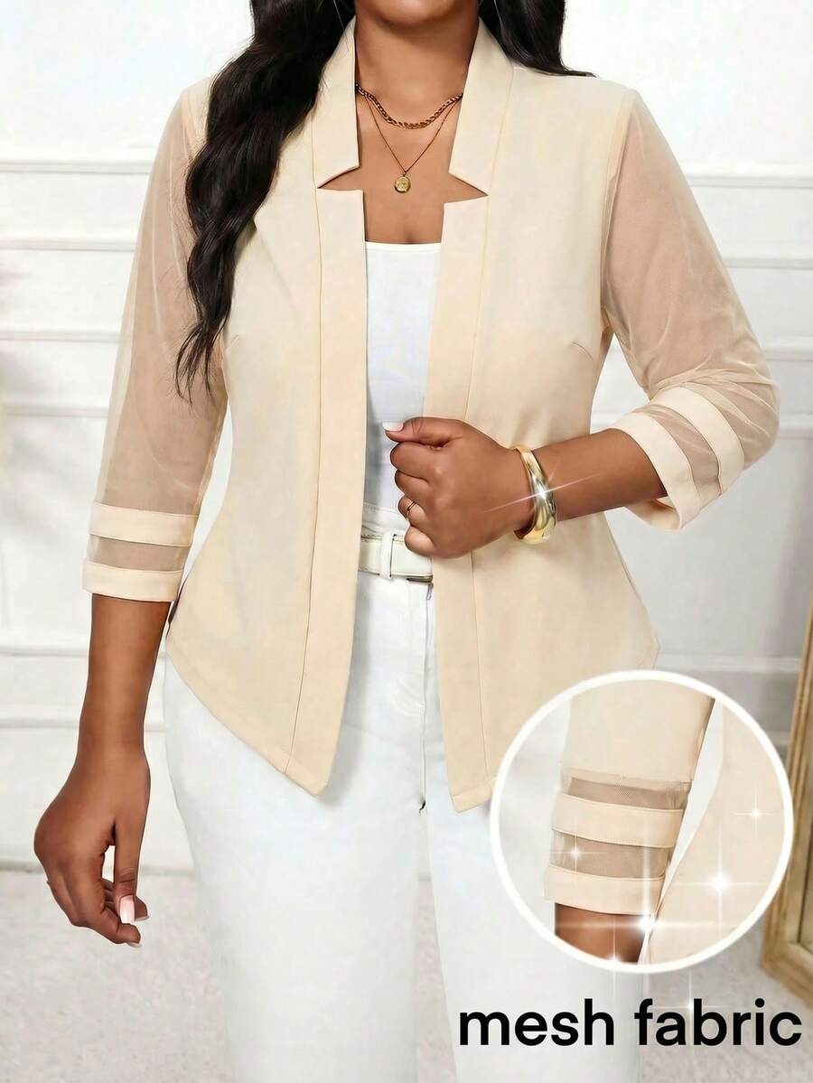 SHEIN Lady Plus Size Elegant Commuter Beige Mesh Spliced Blazer Formal Office Summer