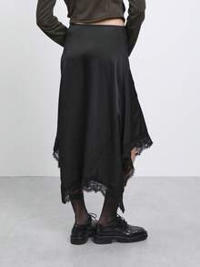 COUREZ Low Rise Asymmetric Satin Midi Skirt With Lace Hem/Y2K Classy Elegant Sexy Autumn Outfits For Women Going Out Brunch Birthday Party Night Rave Black - Black - View 3