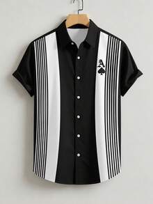 Manfinity Homme 男士夏季休闲度假通勤扑克牌撞色条纹印花短袖衬衫 - 彩色 - 查看 2
