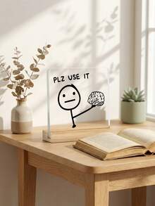 Haus Hana 1PC/2pcs/3pcs Square Acrylic Desktop Ornament With Wooden Base, Featuring A Stick Figure Design And The Phrase "Plz Use It". Makes A Great Gift For Friends. - multicolor - View 6