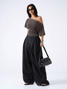 LYSMO Kaos Wanita Musim Panas Warna Polos dengan Kerah Asimetris, Atasan Musim Panas - Coffee Brown - View 4