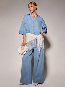 COSMINA Denim Set Denim Wanita Lengan Gulung Rumbai Warna Polos Kancing untuk Ulang Tahun, Sehari-hari, Pergi Keluar, Liburan, Biru Muda, Musim Panas, Kasual - Biru - View 1