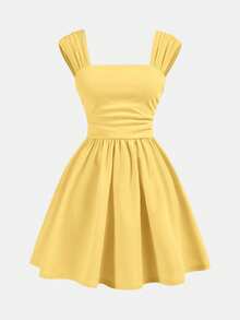 SHEIN Girlism Teen Girls Dresses Shoulder Ruffle Bust Ruffle Large A-Line Strappy Dress, Yellow, Elegant - Yellow - View 5