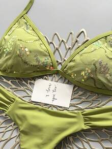 Swim Mod 夏季海灘女款 2 件組亮片刺繡面料三角繫帶上衣 & 抓皺比基尼泳褲泳衣套裝 - 綠色 - 查看 5