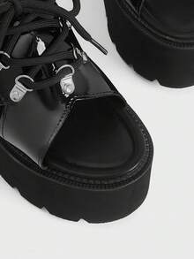 Sugerpunk Women's Fashion Sexy Wedge Heel Platform Sandals, Punk Style Open-Toed Tether Slippers Sandals, Spring And Summer Nightclub Parties And Festivals - Black - View 2