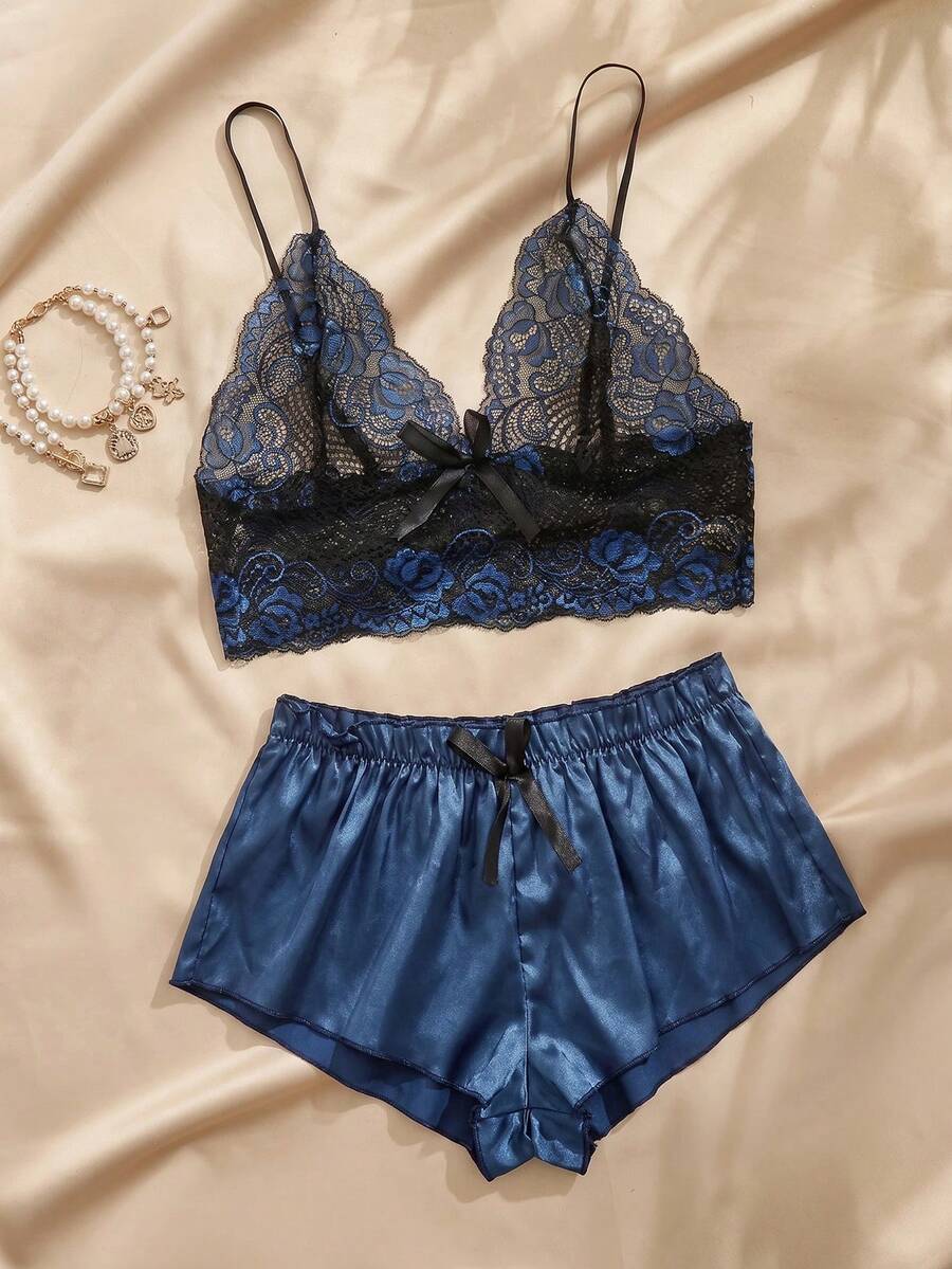 Charlaine Floral Lace Bralet With Satin Shorts - Navy Blue - View 1