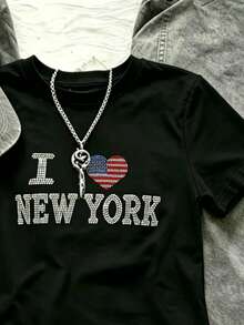 BamGleam 夏季素色 I Love New York 心形印花英文字母水鑽亮面休閒時尚寬鬆短袖T恤 - 藏蓝色 - 查看 7