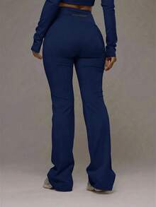 Musera Sport Curved Back Waistband Mid Rise Flared Active Leggings Only Sport Workout Gym Pilates Fitness Daily Casual - Navy Blue - View 4