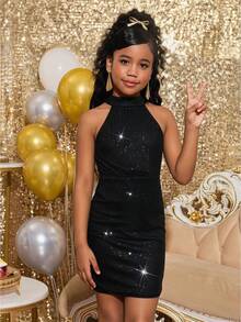 SHEIN Tween Girl Halter Ruffle Sequin Snug Fit Dress, Suitable For Holiday Party Wear - Black - View 3