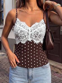 Ritzy Row Women's Elegant Vest-Style Camisole Top Sexy Lace Trim Spring Summer Outings Dates Vacation Commuting Holiday Outfits Brown And White Polka Dot - Brown - View 2