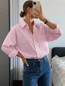 DAZY Women's Spring/Summer Loose Drop Shoulder Long Sleeve Solid Color Casual Shirt School - Pink - View 8