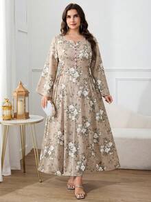 Al Najma 大码女式花卉图案纽扣设计长袖优雅阿拉伯连衣裙 - 杏色 - 查看 6