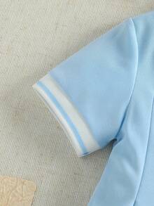 SHEIN 女嬰新款夏季馬術刺繡 Polo 領學院風休閒洋裝，適合外出、度假、旅行及日常穿著 - 淺藍色 - 查看 5
