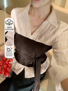 DAZY Women's 2 In 1 Collared Long Sleeve Tie-Up Elegant French Formal Brunch Office Blouse, Spring/Autumn Teachers' Day White And Black - Khaki - View 1
