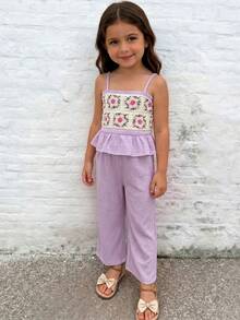 Emery Rose Kids Emery Rose Kids 女童钩针花卉荷叶边吊带背心和裤子套装 - 紫色 - 查看 5