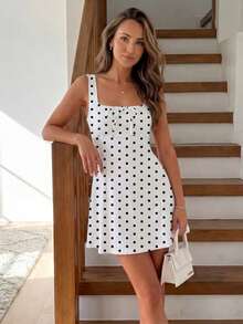 SHEIN LUNE Váy ngắn nữ cổ vuông họa tiết chấm bi, trang trí nơ, dây vai bản rộng - Nhiều màu - Xem 6