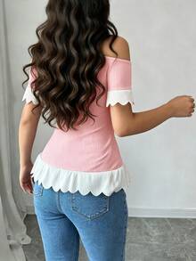 SHEIN Clasi Women's Ribbed Asymmetric Shoulder Burnout Lace Patchwork Short Sleeve Contrast Color Commute Elegant Cute Slim Fit Fashionable T-Shirt Night Out - Baby Pink - View 2