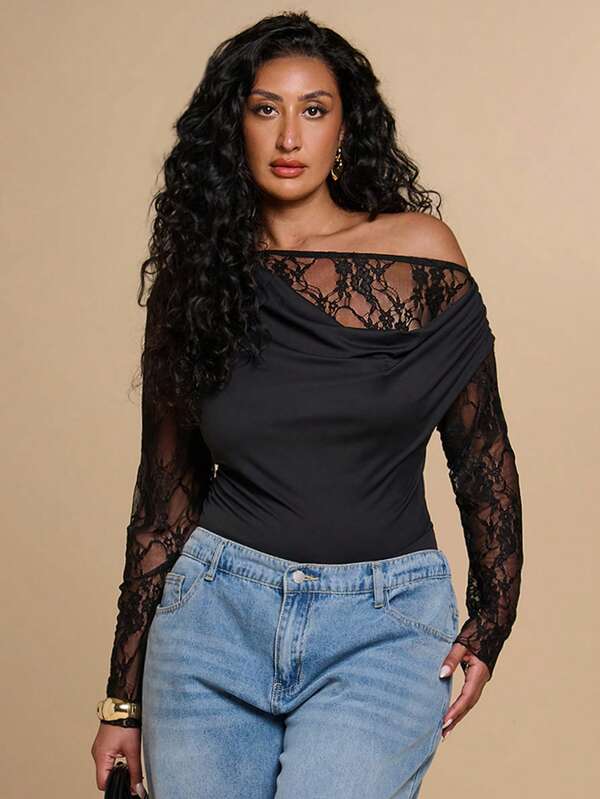 SHEIN BAE CURVE بودي سويت أسود طويل الأكمام غير متماثل الكتف مقاس كبير للنساء