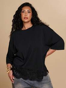 SHEIN BAE CURVE Áo thun nữ cỡ lớn màu đen phối ren, cổ tròn, vai rớt - màu đen - Xem 5