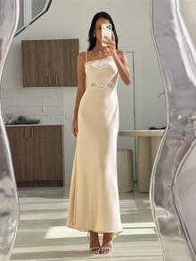Aloruh Damen Frühlings-/Sommer Neues weißes Hochzeits-Saison Kleid mit hohem Schlitz, extra lang, Spitzen-Patchwork, asymmetrisch, sexy, mit Trägern, geeignet für Dates, Pendeln, formelle Anlässe - Weiss - Übersicht 7