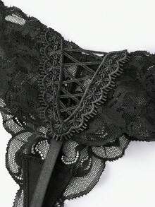 Bisouelle Tanga de lencería sexy y ajustado con borde de encaje floral calado para mujer - Negro - Ver 5