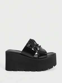 Sugerpunk Women's Fashion Sexy Wedge Heel Platform Sandals, Punk Style Open-Toed Tether Slippers Sandals, Spring And Summer Nightclub Parties And Festivals - Black - View 5