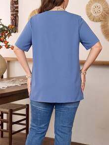 Lacomfia Chemise ample et confortable pour femmes, manches courtes, style décontracté, avec franges en forme de coquillage, grande taille - Bleu azur - Voir 2