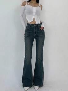 Joudiya Solid Flare Leg Jeans - Dark Wash - View 14