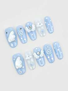 ROMWE Kawaii 10片裝Y2K簡約風假指甲，音符、翅膀、波點、蝴蝶結元素，含假甲片與雙面膠帶 - 藍色 - 查看 3