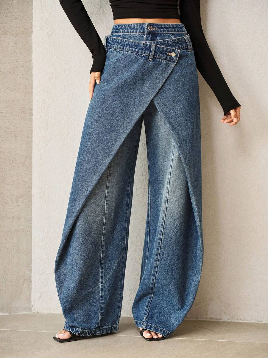 Anewsta بنطلون جينز نسائي بأزرار 2 في 1 بتصميم لف وساق مستقيمة - الأزرق - مشاهدة 1