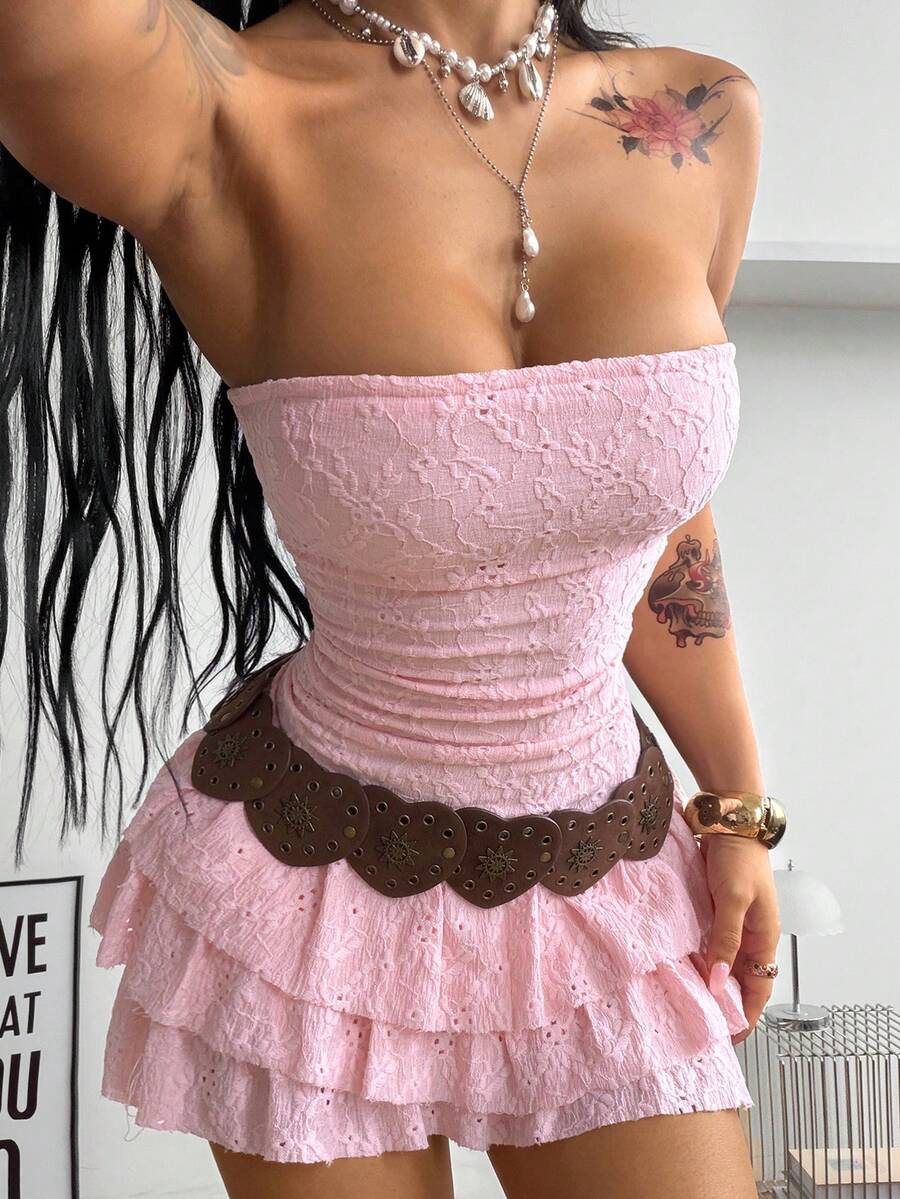 Coolane Tenue d'été pour femmes, style hippie boho, tenues de plage, tenues de vacances, tenues de printemps, robe mini à volants en dentelle blanche de style fairycore - Rose bonbon - Voir 1