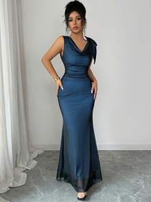 SHEIN Raffinéa 女款對比色網紗雙層領收腰修身時尚優雅美人魚無袖露背洋裝 - 天藍色 - 查看 6