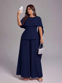 Viva Relle Plus Size Women's Spring/Summer New Light Luxury Banquet Style Bean Paste Pink Jumpsuit, Asymmetric Shawl Waist-Cinched Pleated Wide-Leg Pants. Suitable For High-End Evening Parties, Wedding Guests, Red Carpet Shows, Light Luxury Banquet Style Fashion Apparel - Navy Blue - View 3