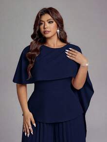 Viva Relle Plus Size Women's Spring/Summer New Light Luxury Banquet Style Bean Paste Pink Jumpsuit, Asymmetric Shawl Waist-Cinched Pleated Wide-Leg Pants. Suitable For High-End Evening Parties, Wedding Guests, Red Carpet Shows, Light Luxury Banquet Style Fashion Apparel - Navy Blue - View 6